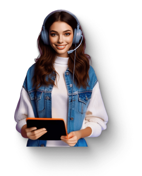 Smiling creator with a headset holding a tablet
