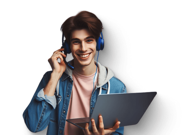 Smiling student with headphones holding a laptop